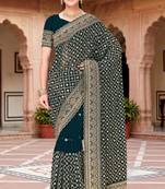 Sequin embroidered work teal blue georgette designer saree