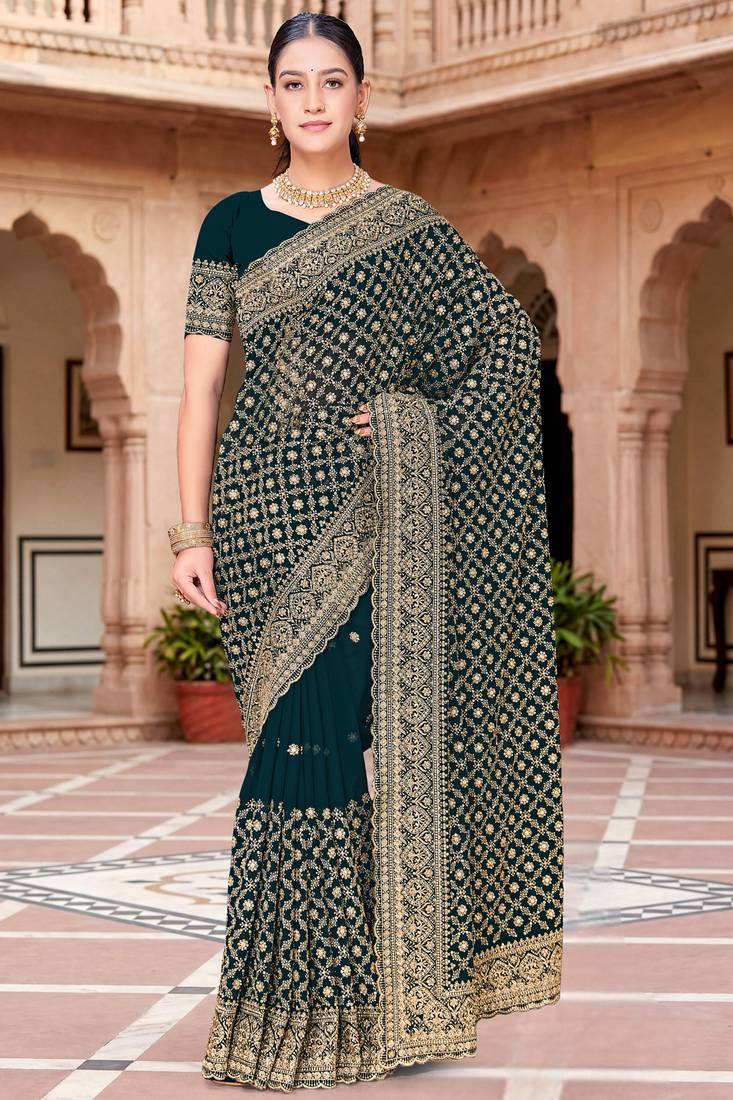Sequin embroidered work teal blue georgette designer saree