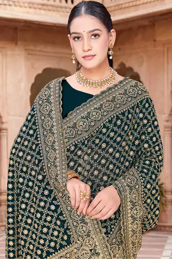 Sequin embroidered work teal blue georgette designer saree