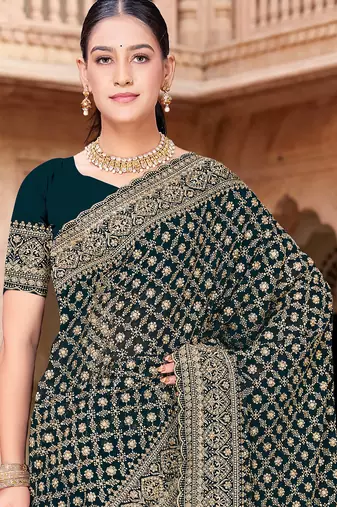 Sequin embroidered work teal blue georgette designer saree