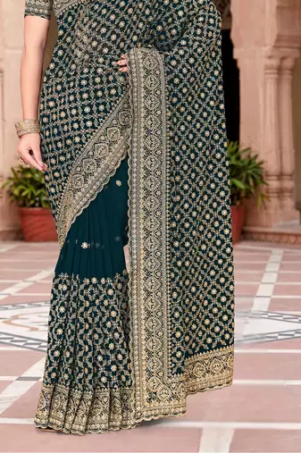 Sequin embroidered work teal blue georgette designer saree
