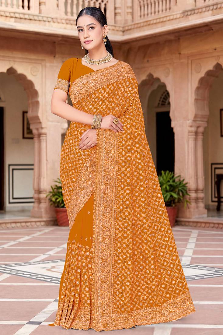 Sequin embroidered work mustard georgette designer saree