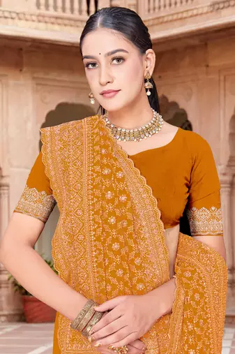 Sequin embroidered work mustard georgette designer saree