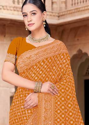 Sequin embroidered work mustard georgette designer saree 3