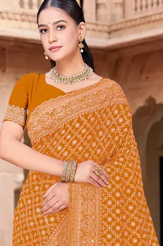 Sequin embroidered work mustard georgette designer saree