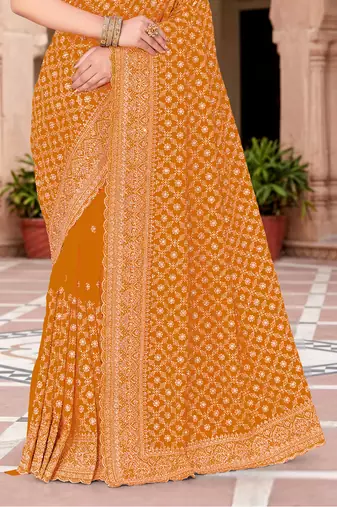 Sequin embroidered work mustard georgette designer saree