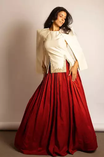 Rust Orange Embroidered Crepe Indo Western Lehenga Set