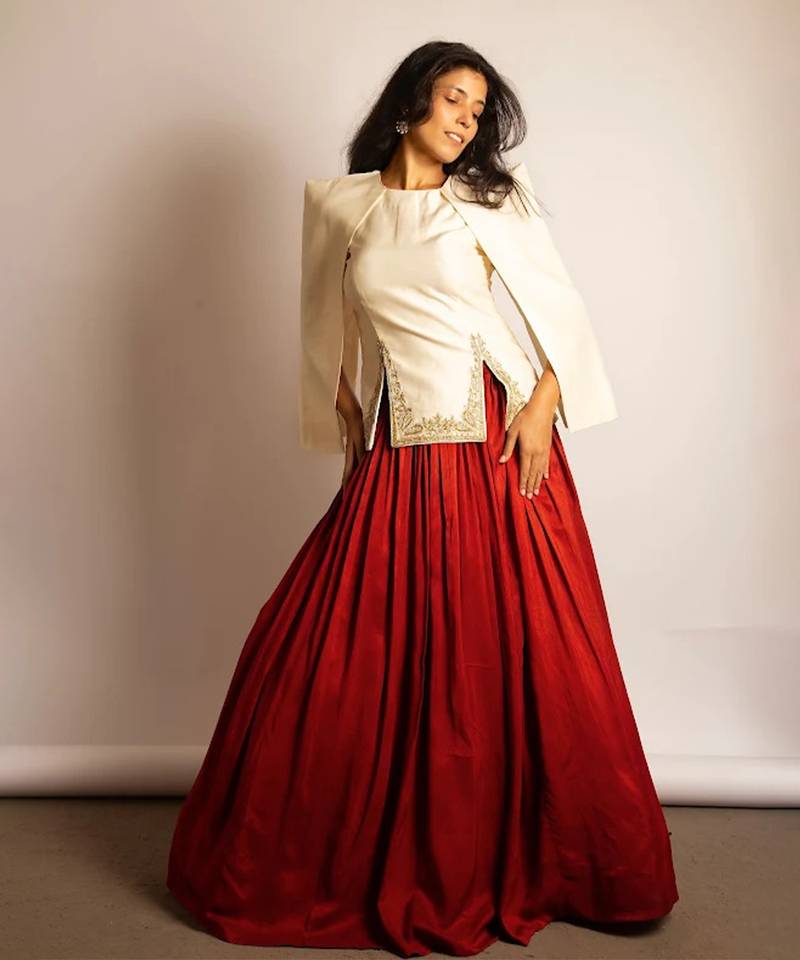 Rust Orange Embroidered Crepe Indo Western Lehenga Set