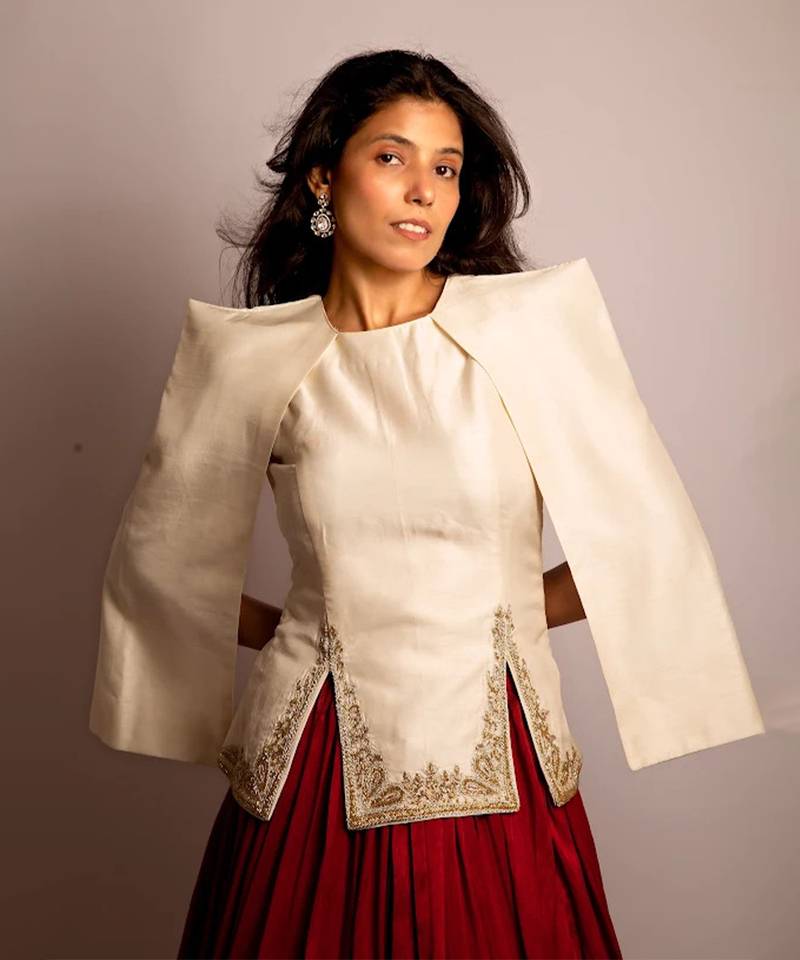 Rust Orange Embroidered Crepe Indo Western Lehenga Set