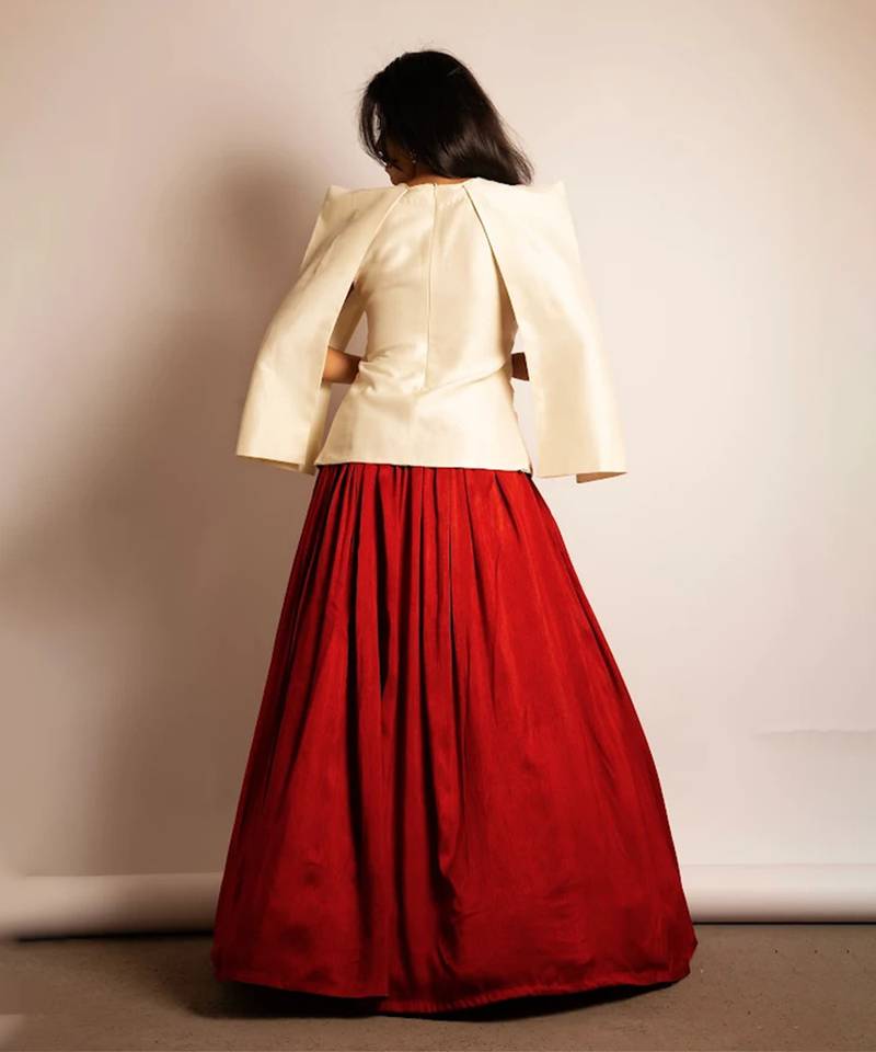 Rust Orange Embroidered Crepe Indo Western Lehenga Set
