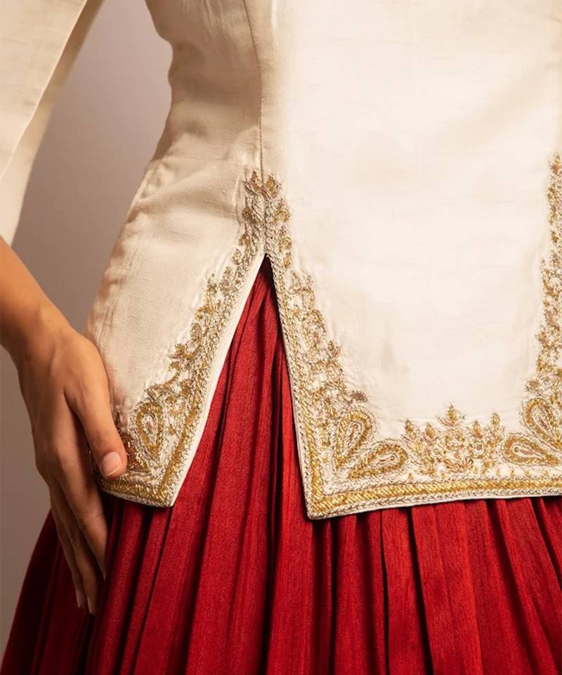 Rust Orange Embroidered Crepe Indo Western Lehenga Set