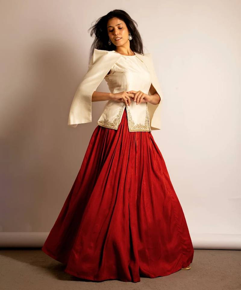 Rust Orange Embroidered Crepe Indo Western Lehenga Set