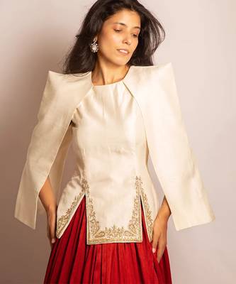 Rust Orange Embroidered Crepe Indo Western Lehenga Set 9