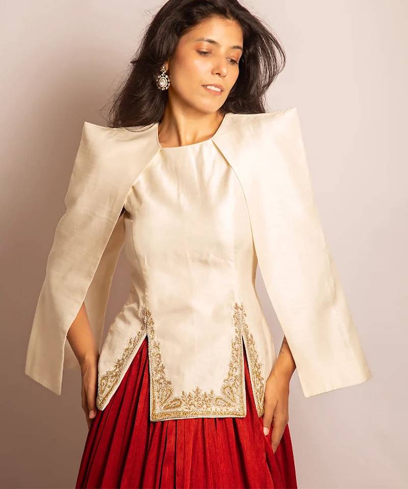 Rust Orange Embroidered Crepe Indo Western Lehenga Set