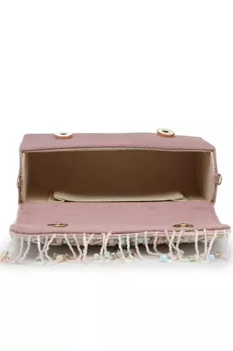   blush & bead dusky pink & pastel multi suede embellished clutch