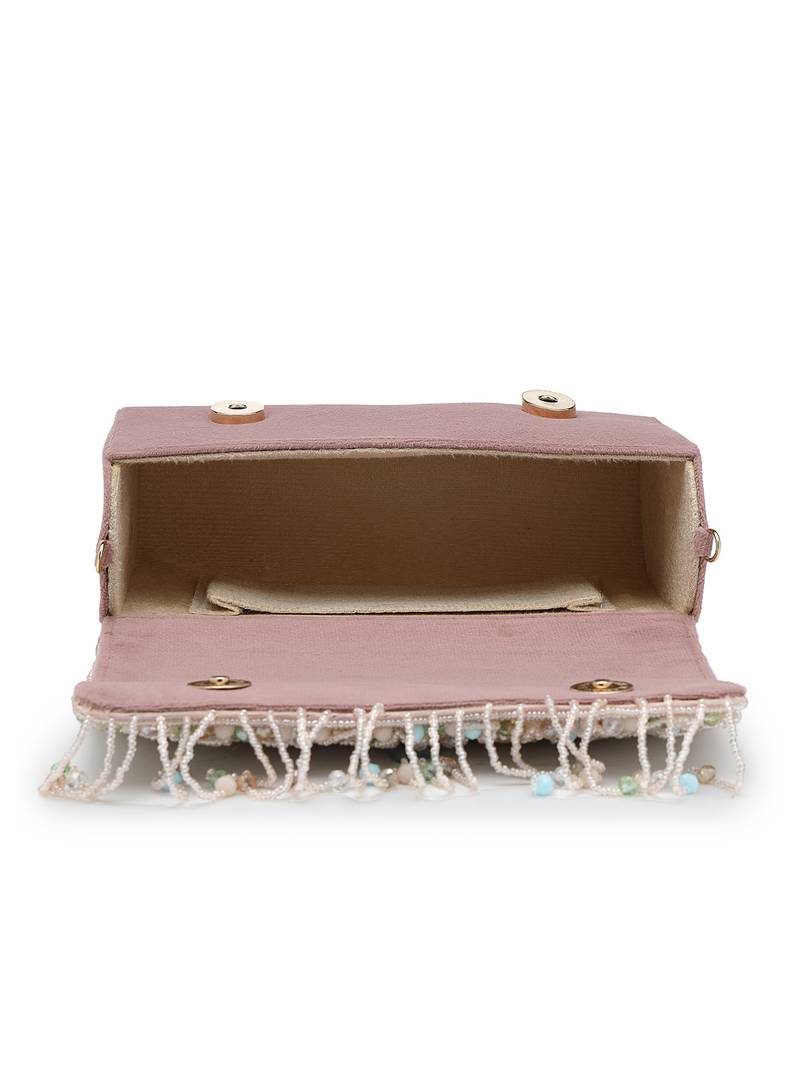  blush & bead dusky pink & pastel multi suede embellished clutch