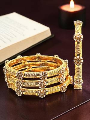 Gold plated set of 4 floral beaded bangle set 1