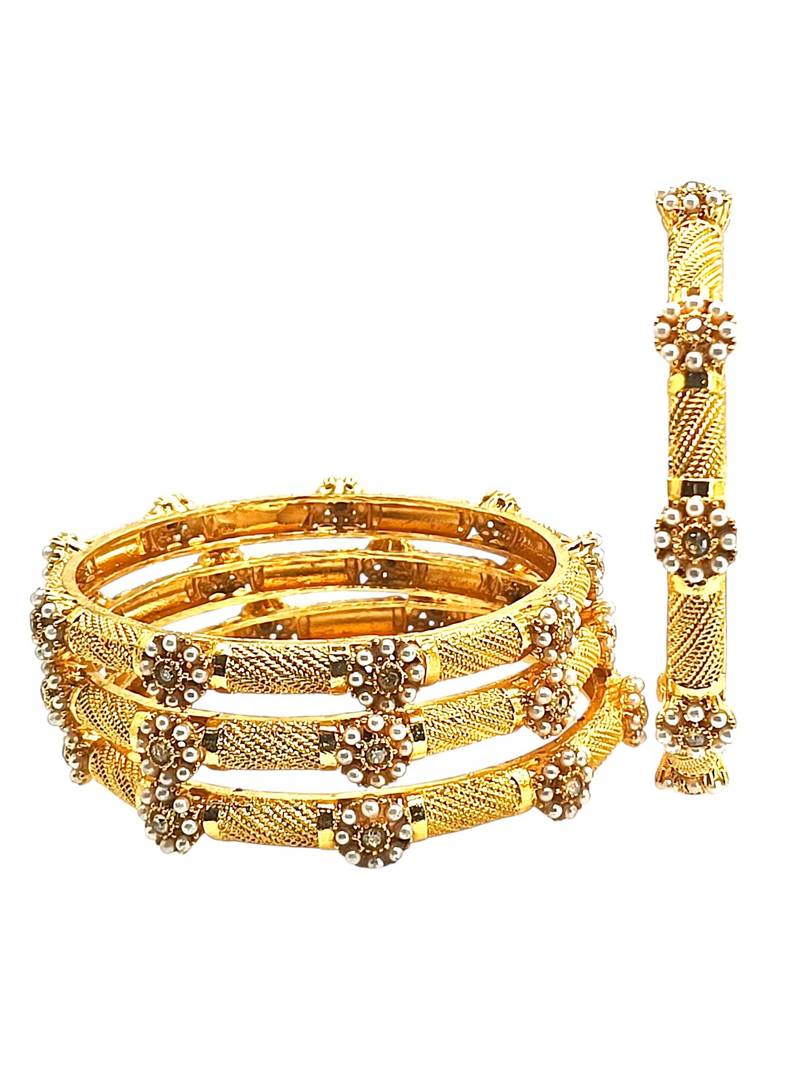 Gold plated set of 4 floral beaded bangle set