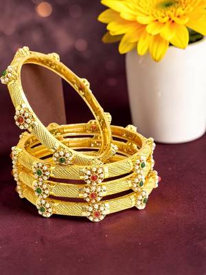 Gold plated set of 4 floral beaded bangle set 1