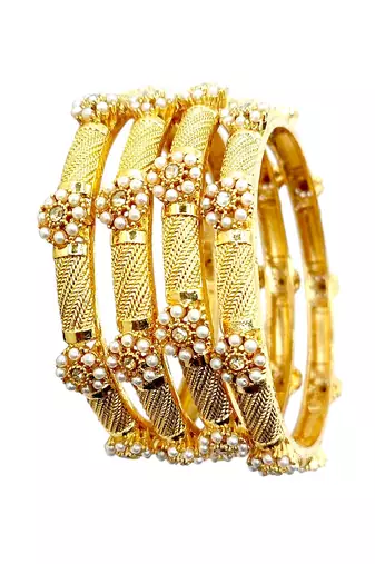 Gold plated set of 4 floral beaded bangle set