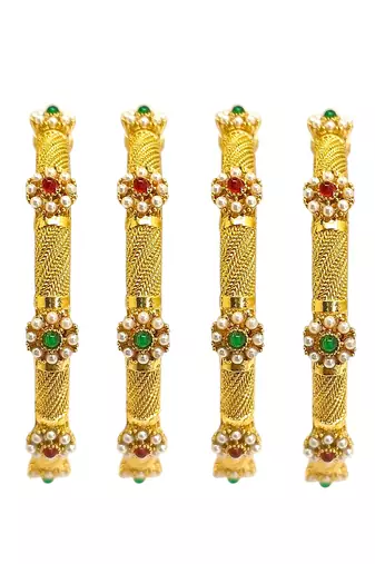 Gold plated set of 4 floral beaded bangle set