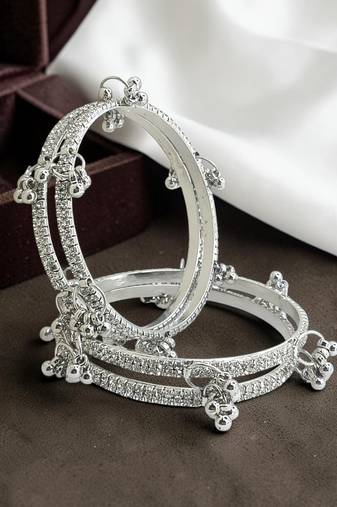 Silver plated set of 4 cz kashmiri ghungroo bangles