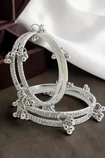 Silver plated set of 4 cz kashmiri ghungroo bangles
