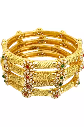 Gold plated set of 4 floral beaded bangle set