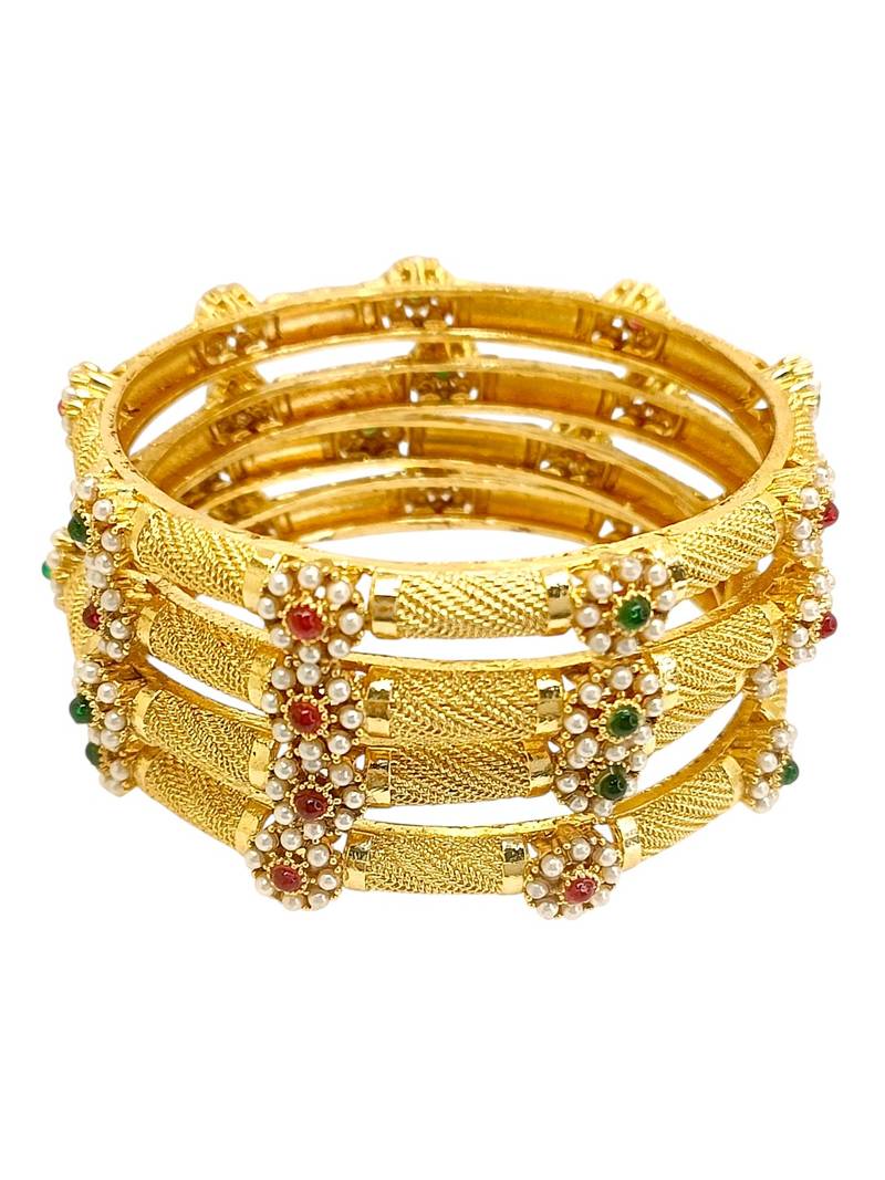 Gold plated set of 4 floral beaded bangle set