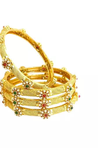 Gold plated set of 4 floral beaded bangle set