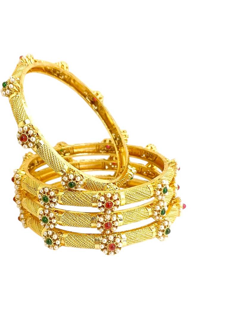 Gold plated set of 4 floral beaded bangle set