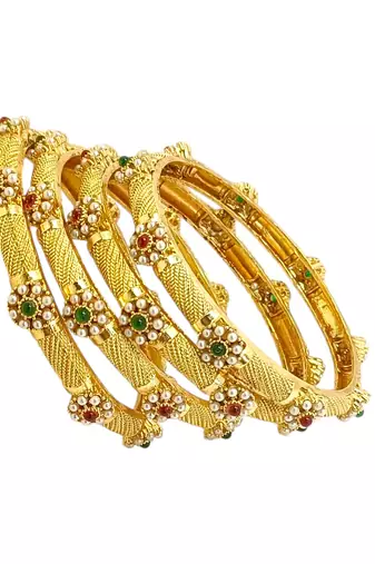 Gold plated set of 4 floral beaded bangle set