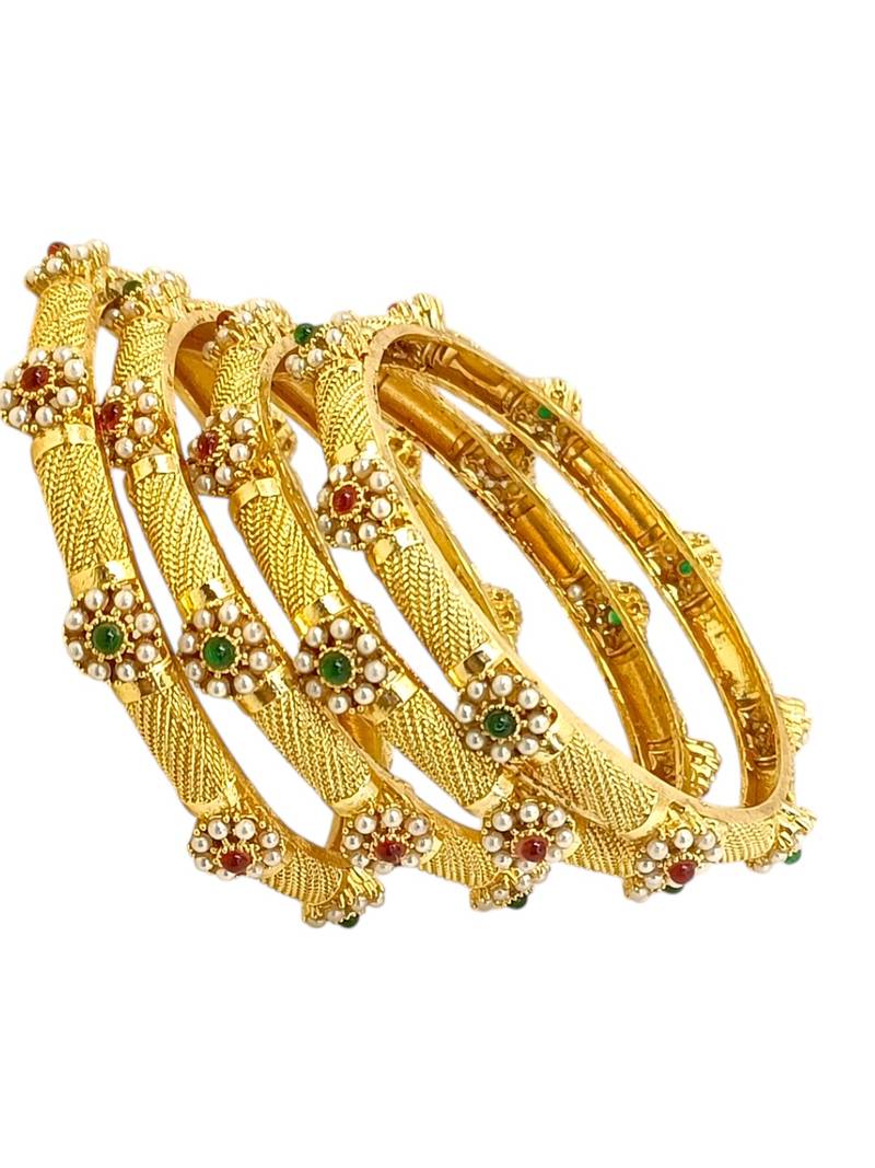 Gold plated set of 4 floral beaded bangle set