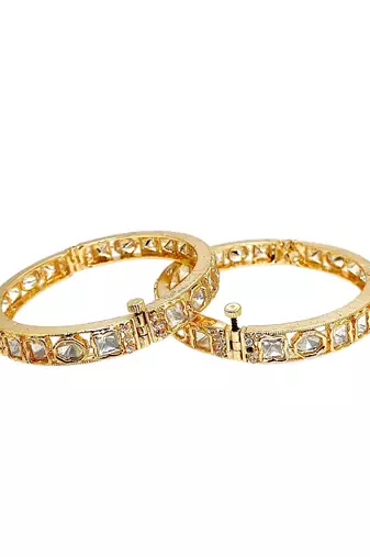 Set of 2 gold plated hexagonal moissanite screw bangles