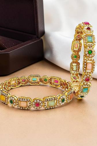Set of 2 gold plated multicolor stone bangles