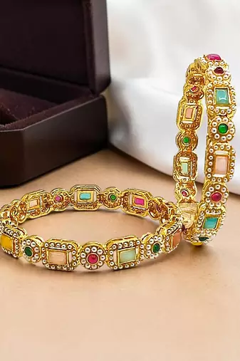 Set of 2 gold plated multicolor stone bangles