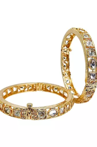 Set of 2 gold plated hexagonal moissanite screw bangles