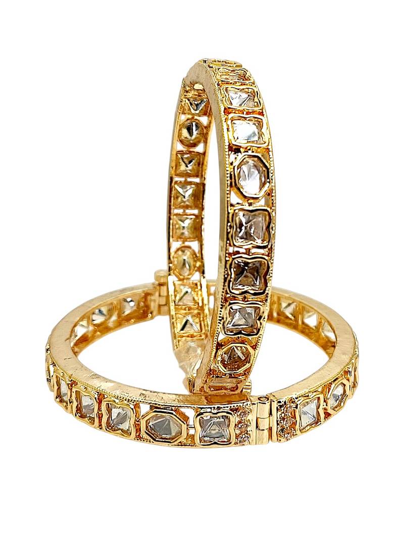 Set of 2 gold plated hexagonal moissanite screw bangles