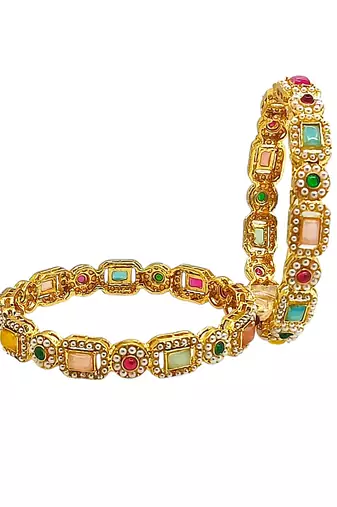 Set of 2 gold plated multicolor stone bangles