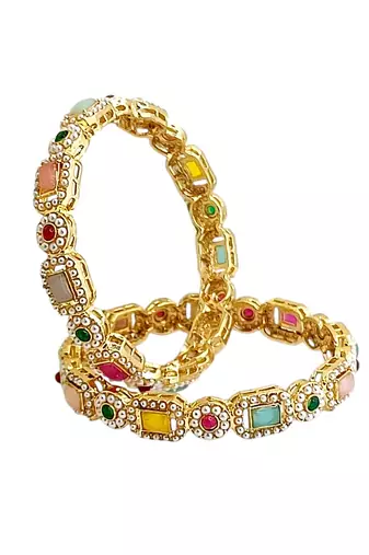 Set of 2 gold plated multicolor stone bangles