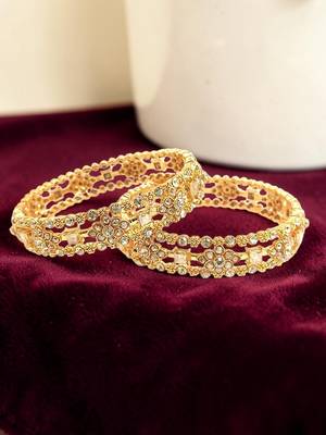 Gold plated set of 2 floral motif cz bangle set 1