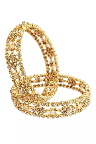 Gold plated set of 2 floral motif cz bangle set
