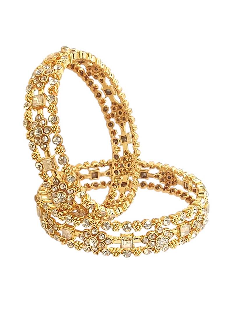 Gold plated set of 2 floral motif cz bangle set