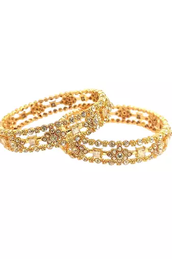 Gold plated set of 2 floral motif cz bangle set