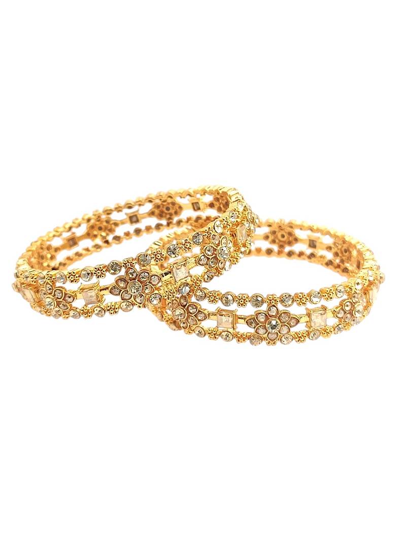 Gold plated set of 2 floral motif cz bangle set