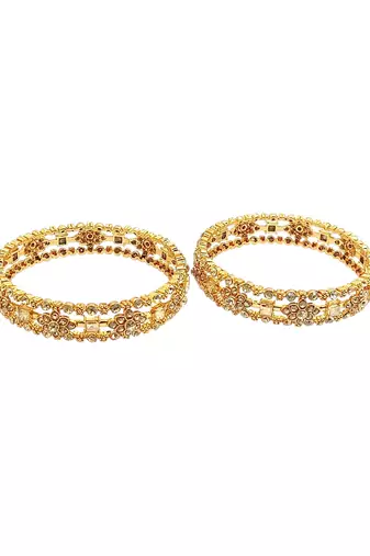 Gold plated set of 2 floral motif cz bangle set