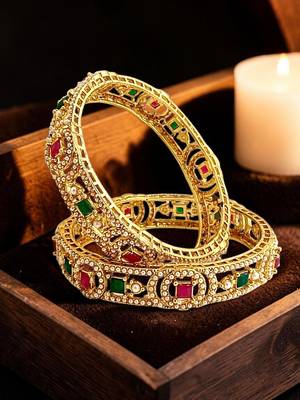 Set of 2 gold plated geometric cutout design bangle set 1