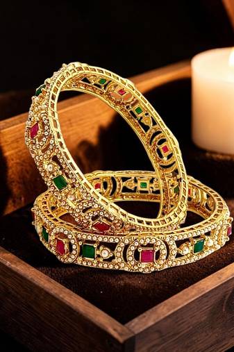 Set of 2 gold plated geometric cutout design bangle set