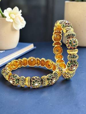 Gold plated set of 2 meenakari kundan bangles 1