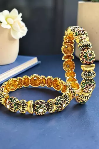Gold plated set of 2 meenakari kundan bangles